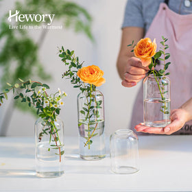 Hewory wedding centerpieces with slim glass bud vases for style
