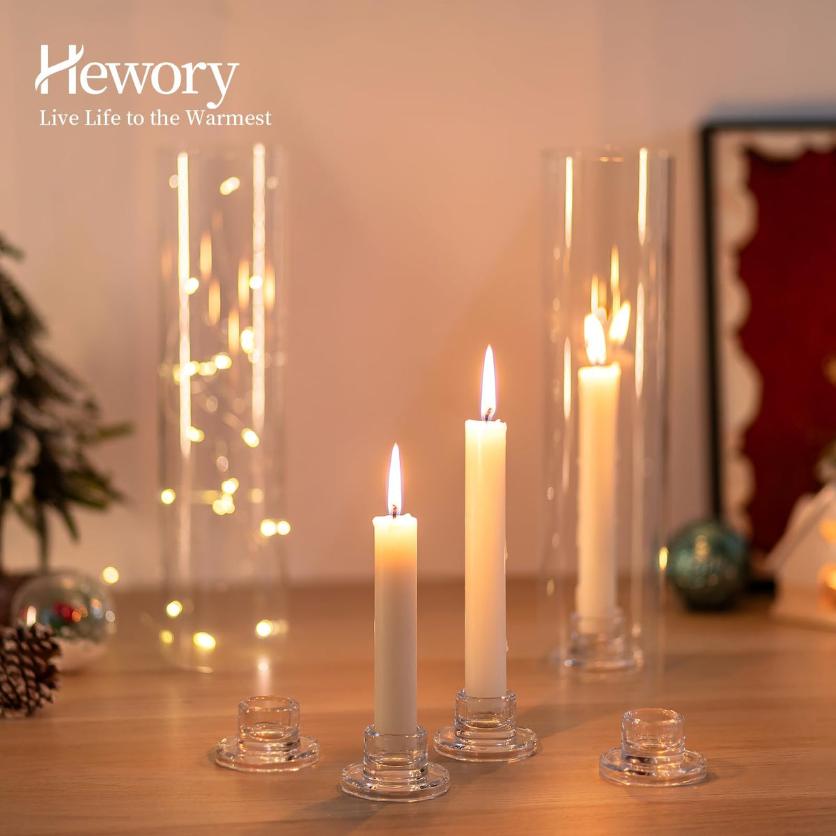 Hewory wedding and party decor with elegant glass candlesticks.