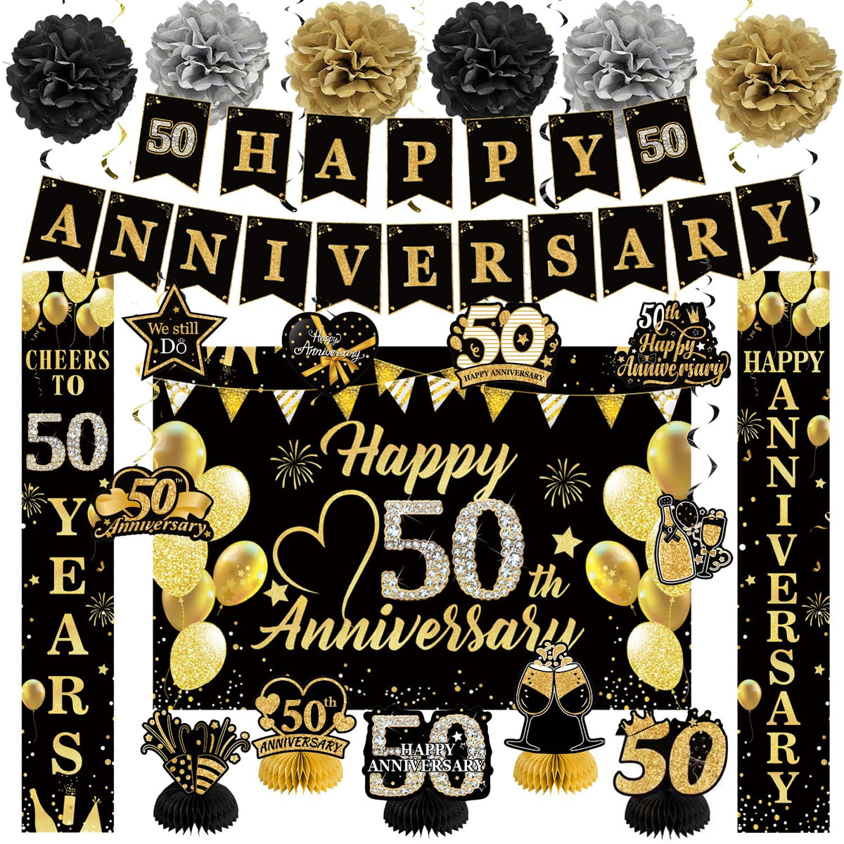 HEWUAUL Happy 50th Anniversary backdrop enhances milestone celebrations with bold black and gold styling