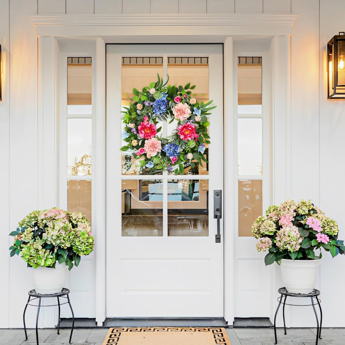 Hey Beky protected-winter-friendly wreath enhances covered outdoor entries against weathering.