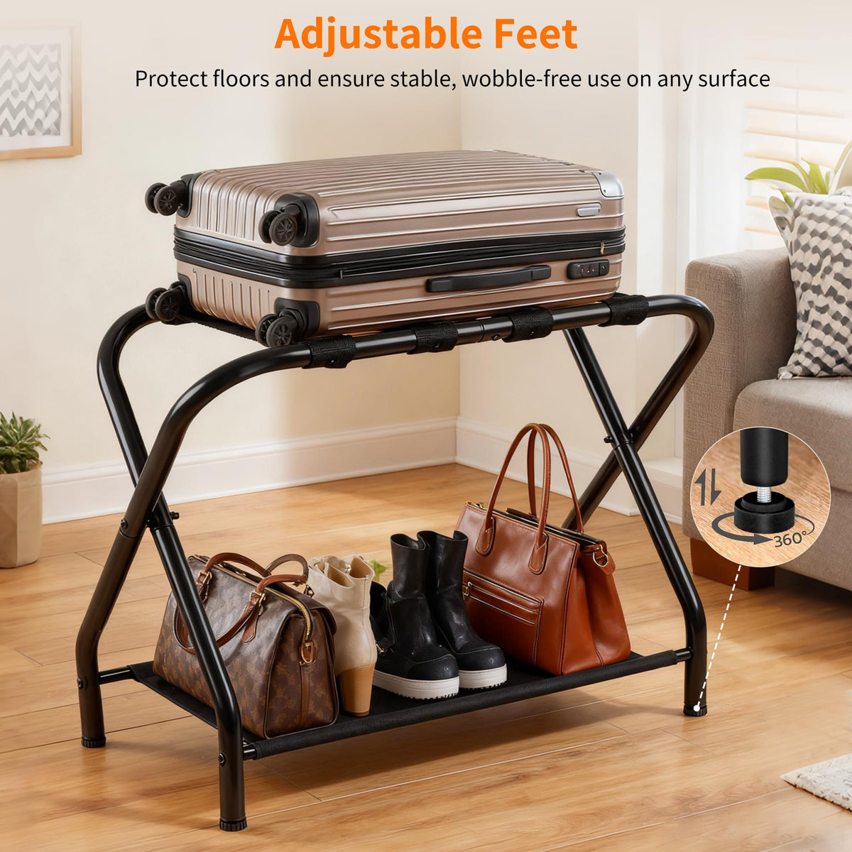 Heybly luggage rack features adjustable leg levelers for uneven floors.