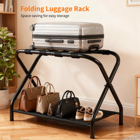 Heybly luggage rack folds compactly for simple storage when not in use.