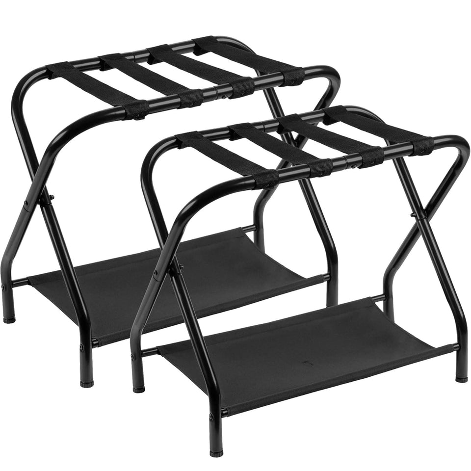 Heybly luggage rack with folding steel frame for easy hotel-style luggage support.