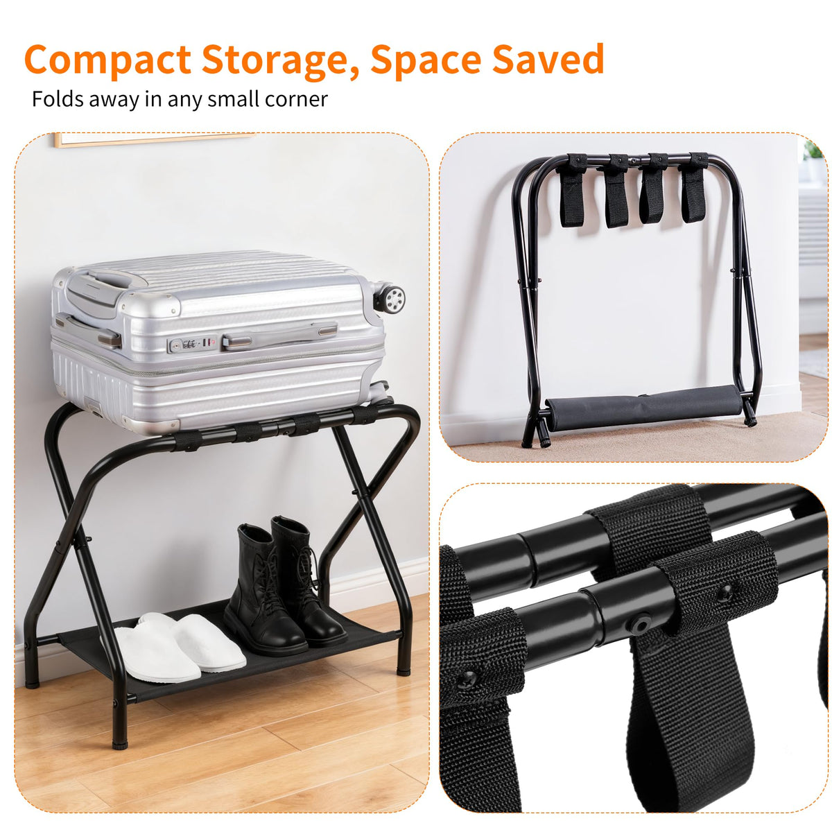 Heybly luggage rack in guest room elevates organization without clutter.