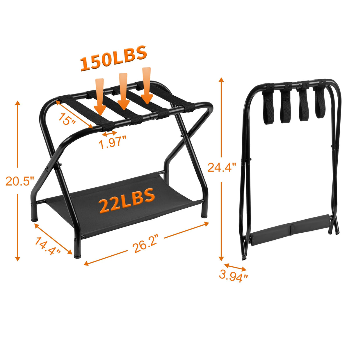 Heybly luggage rack showcases sturdy black steel construction and durability.