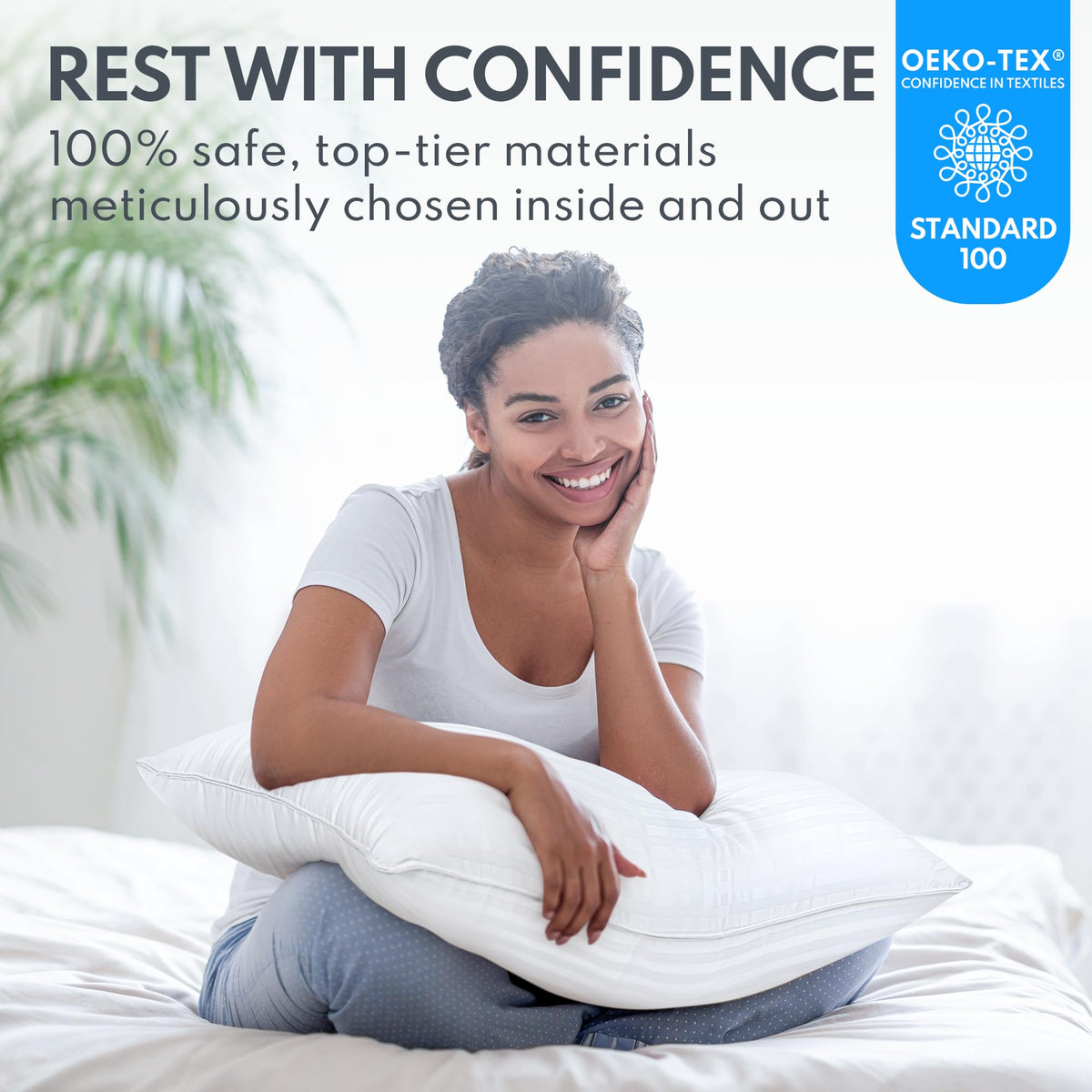 HEYCUZI neck-shoulder support feature demonstrated during a side-sleep pose.