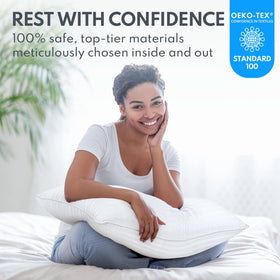 HEYCUZI neck-shoulder support feature demonstrated during a side-sleep pose.