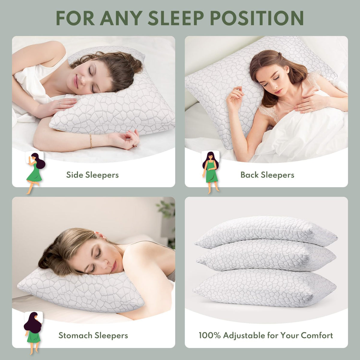 HEYCUZI pillow in side sleeping position demonstrates full neck and shoulder support.
