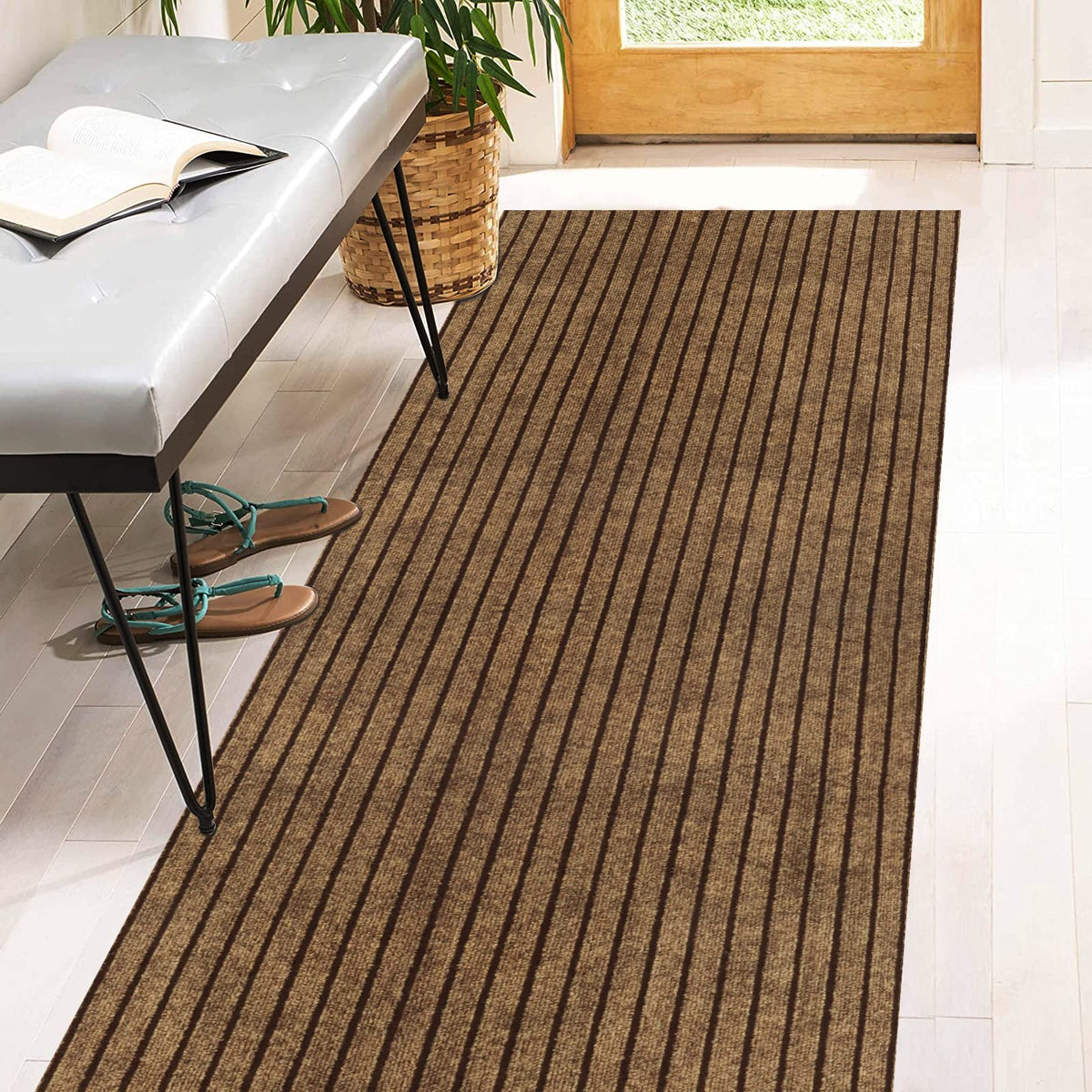 Heyroll stripe brown rug with rubber backing provides stable grip for busy entryways.