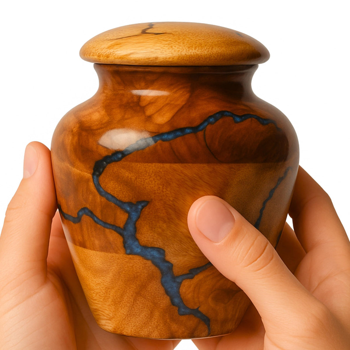 HEYTREND small mango wood urn with warm grain for a personal keepsake.