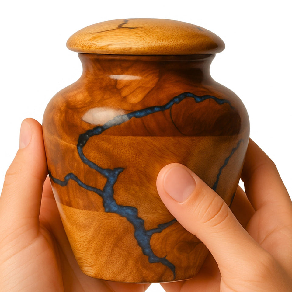 HEYTREND small mango wood urn with warm grain for a personal keepsake.