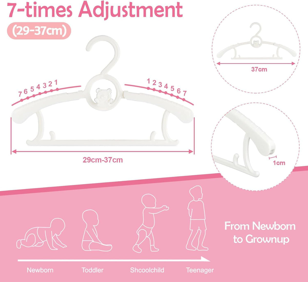 Adjustable infant hangers 11-14 inch for growing kids' wardrobes