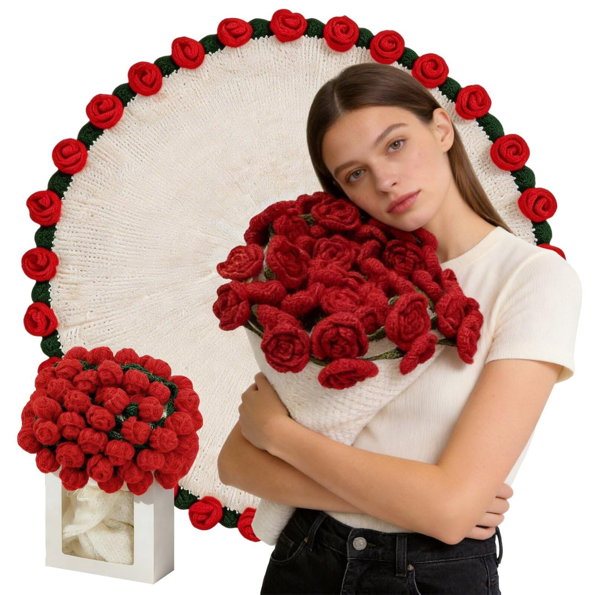 HHTTO crochet flower bouquet blanket in a rose round design for stylish home decor.