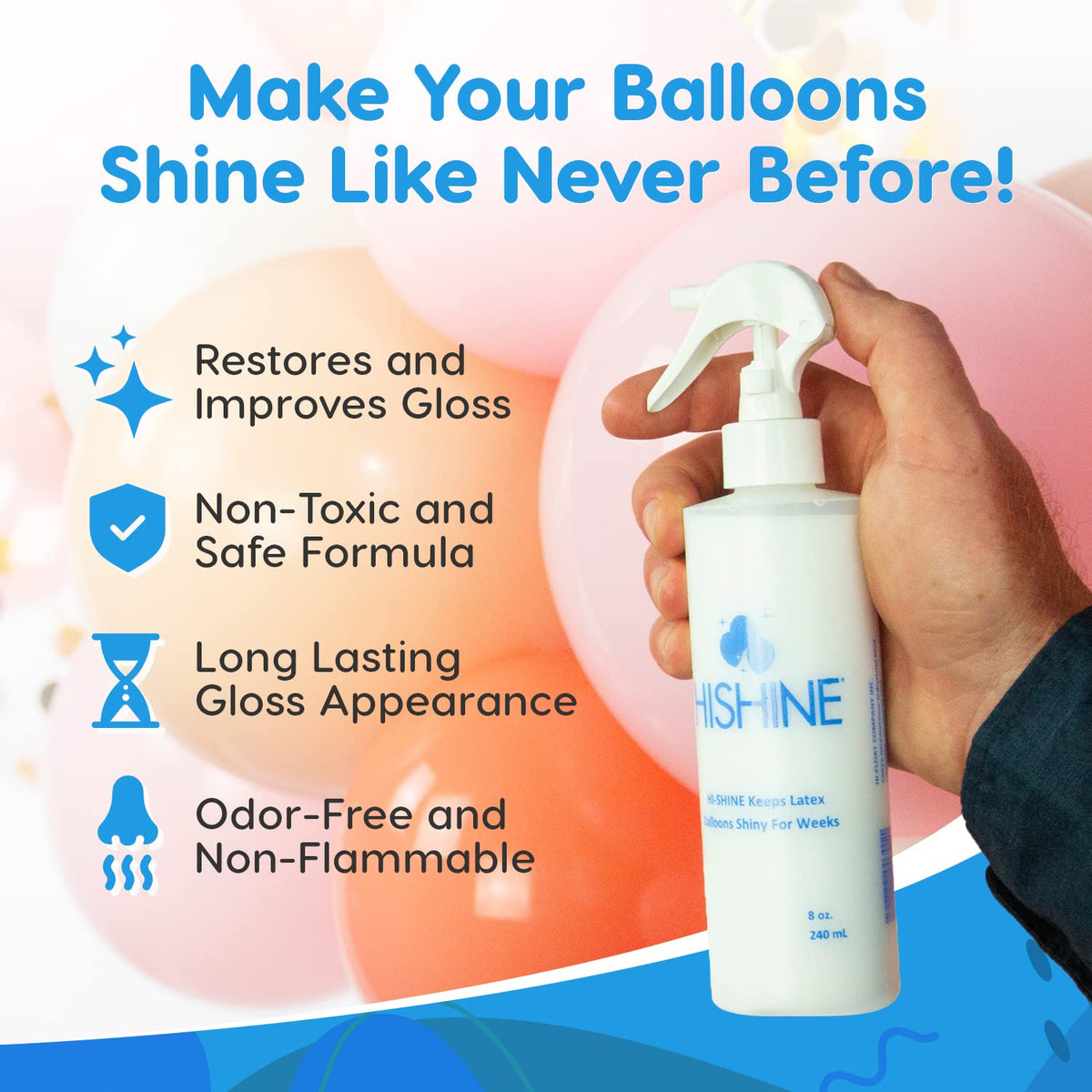 Close-up of HI-SHINE misting on a latex balloon.