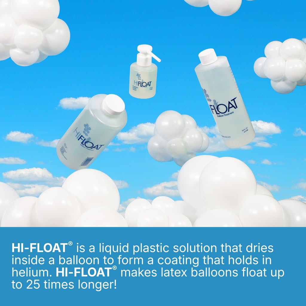 HI-FLOAT latex-coating formula visible as a thin protective layer inside balloons