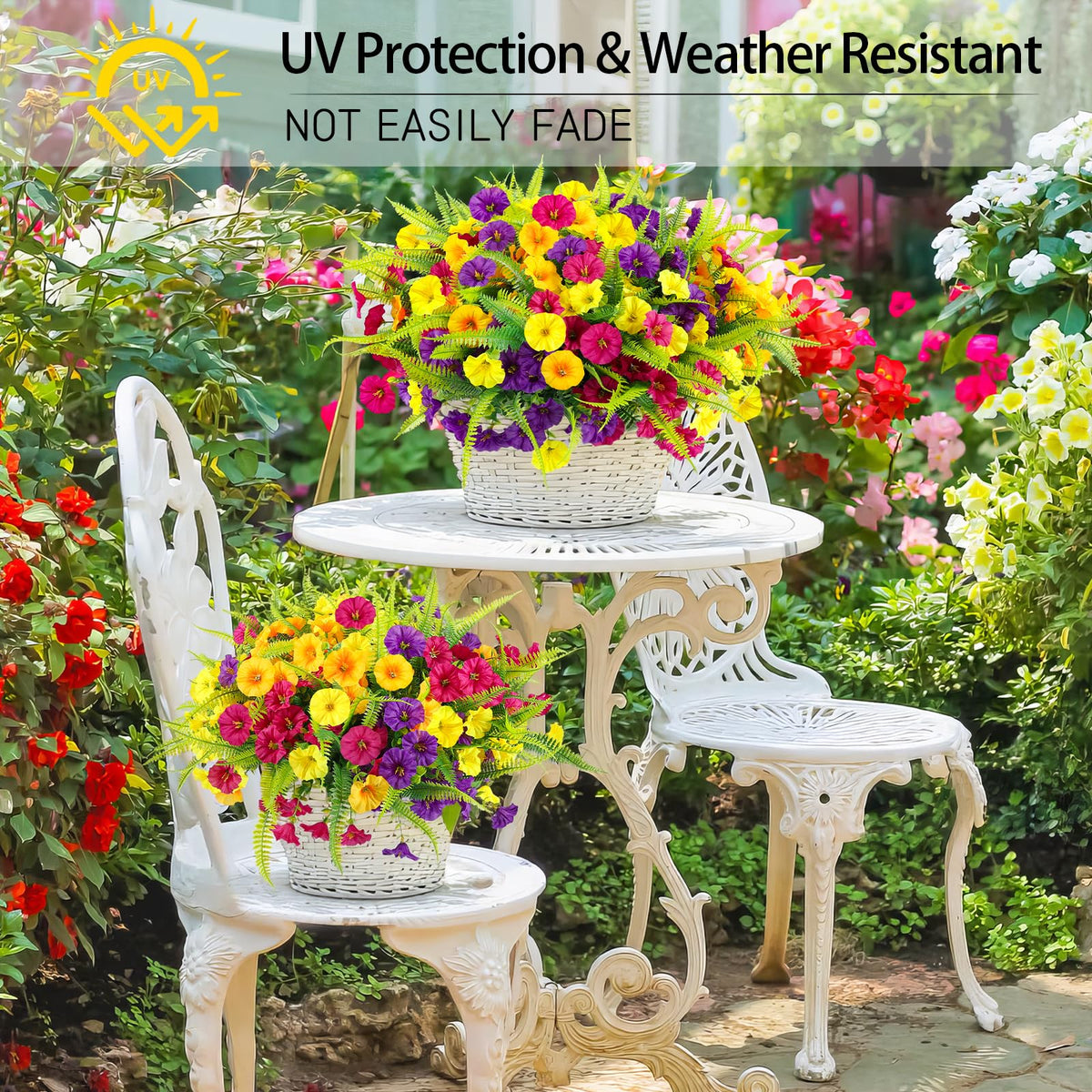 HIAGROW artificial petunias close-up reveals realistic blooms and durable finish for outdoor use.