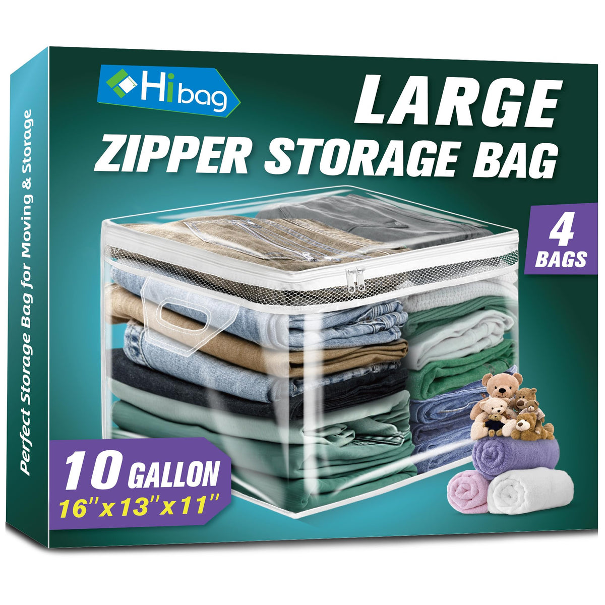 HIBAG 10-gallon storage bag for clothes with clear view and durable handles for easy closet access.