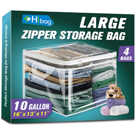 HIBAG 10-gallon storage bag for clothes with clear view and durable handles for easy closet access.