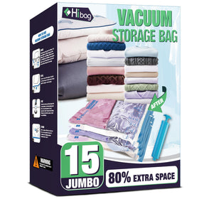 HIBAG 15 jumbo vacuum bags for clothing compact wardrobe storage and dust protection.