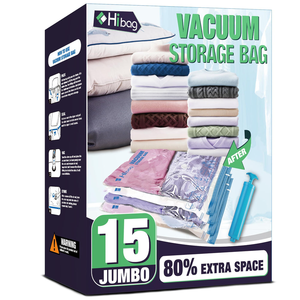 HIBAG 15 jumbo vacuum bags for clothing compact wardrobe storage and dust protection.