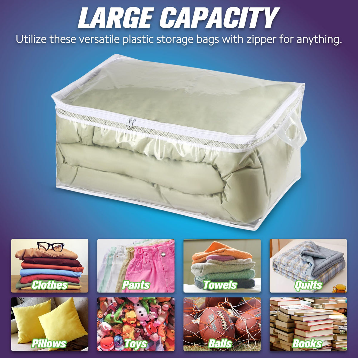 HIBAG bag dimensions 16x26x12 inches holding a king-size comforter