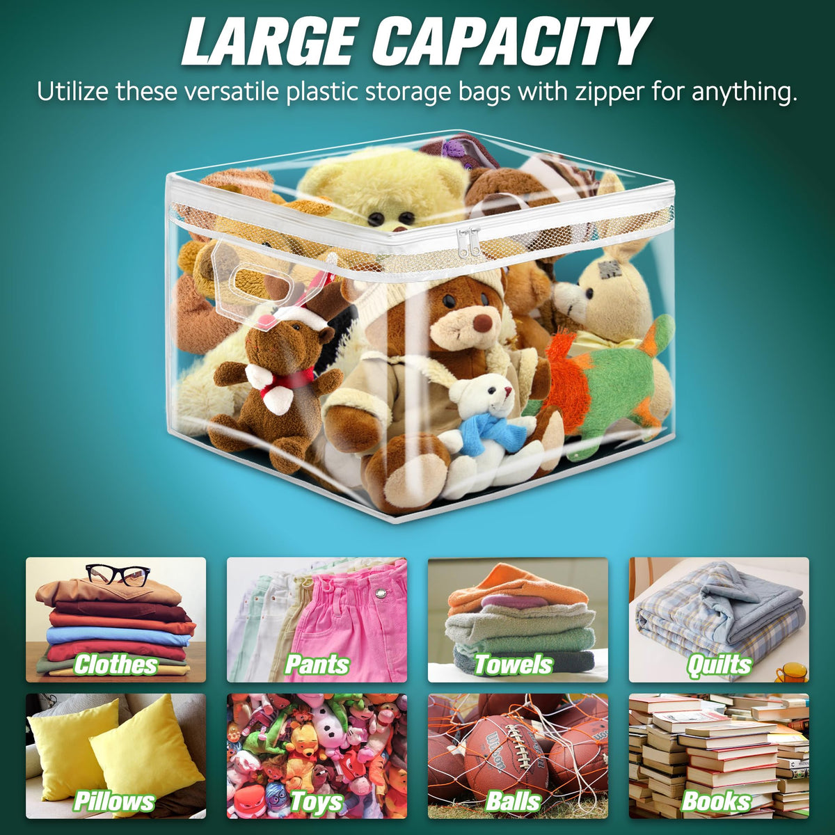HIBAG 16x26x12 inch bag with 20-gallon capacity fits comforters, blankets, clothing.