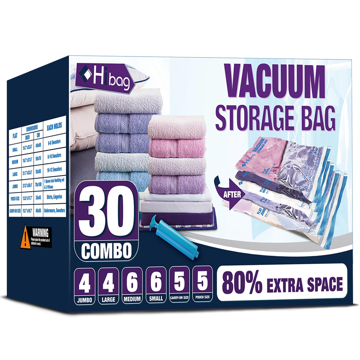 HIBAG 30-pack vacuum bags for versatile clothing storage and travel packing.