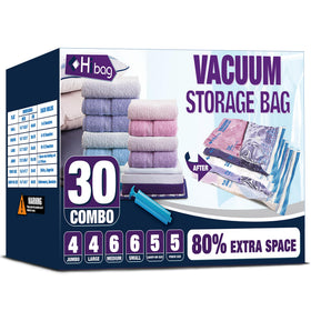 HIBAG 30-pack vacuum bags for versatile clothing storage and travel packing.