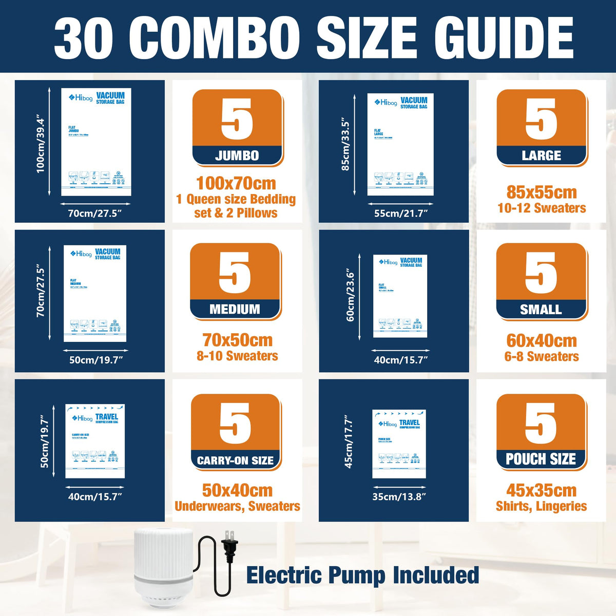 HIBAG blankets, pillows, and clothes compressed to maximize luggage space.