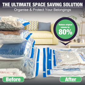 HIBAG compressed vacuum bags fit upright in a closet or suitcase.