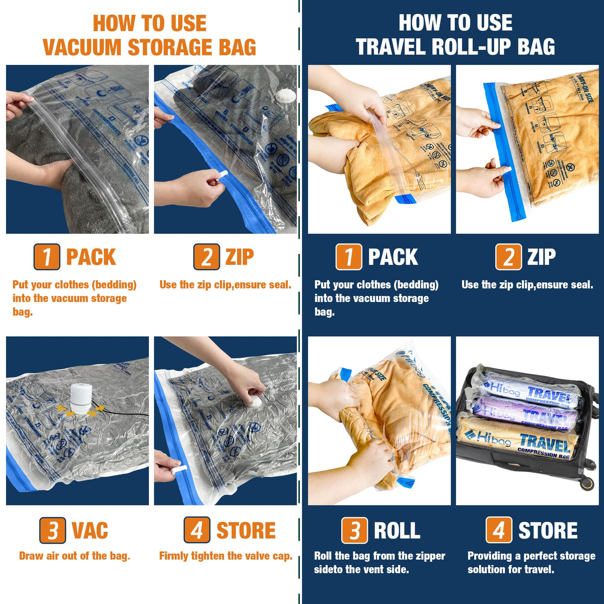 HIBAG high-powered pump quickly removes air in seconds.