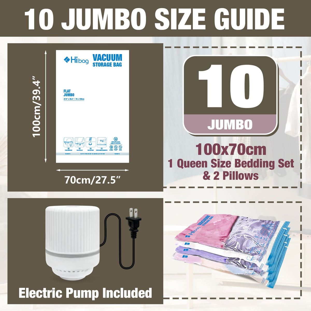 HIBAG vacuum bags compress clothing quickly for compact travel or closet organization