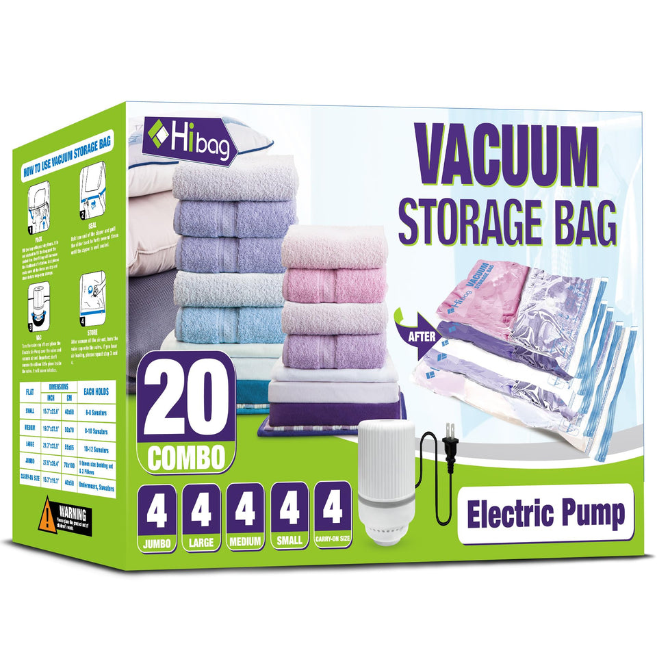 HIBAG electric-pump vacuum bags compress clothes quickly for space saving