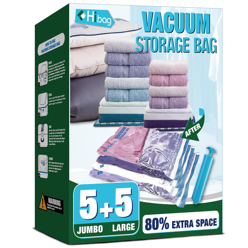 HIBAG jumbo vacuum storage bag with double zip seal saves space for bulky clothing.