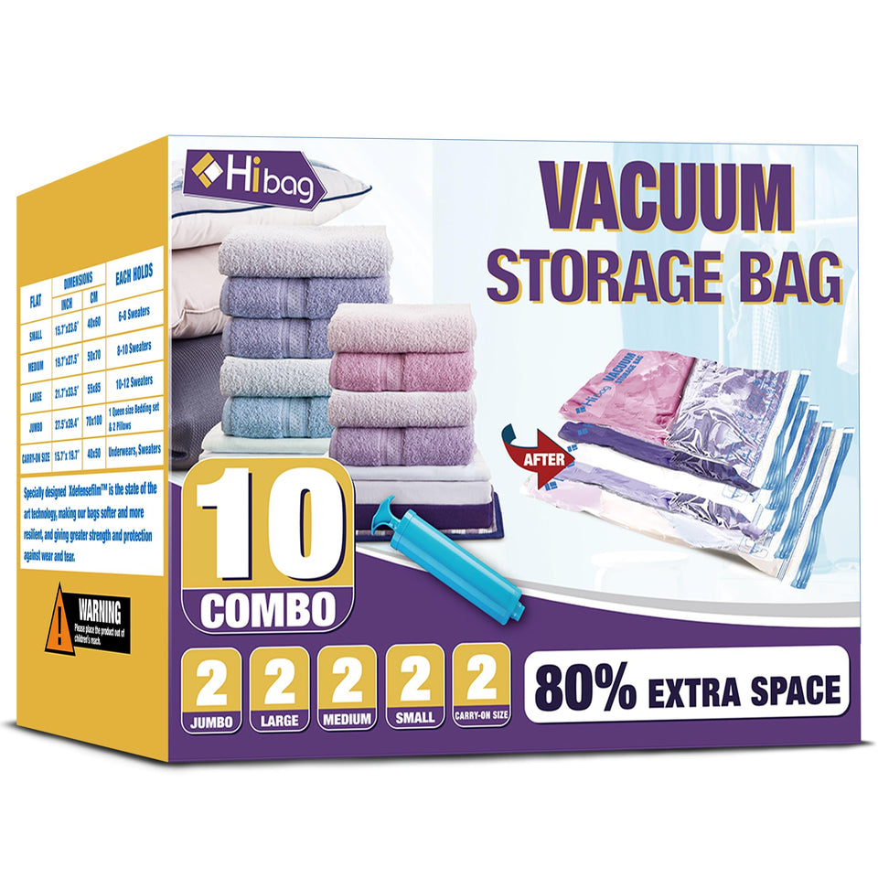 HIBAG vacuum storage bags 10-pack with pump ready for organized packing