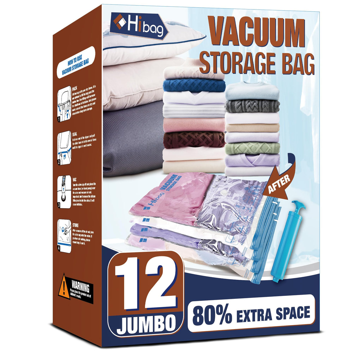 HIBAG vacuum storage bags 12 jumbo pack; ideal for organizing clothing and bedding.