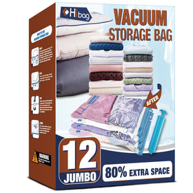 HIBAG vacuum storage bags 12 jumbo pack; ideal for organizing clothing and bedding.