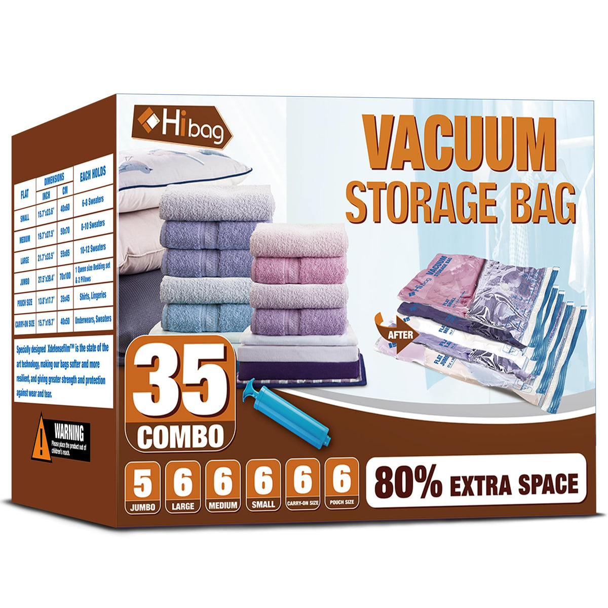 HIBAG vacuum storage bags 35-pack with clip zippers save space for clothes.