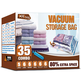 HIBAG vacuum storage bags 35-pack with clip zippers save space for clothes.