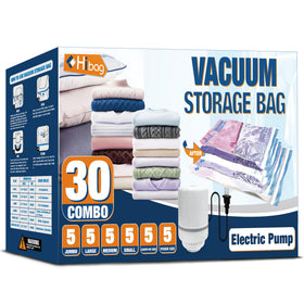HIBAG vacuum storage bags with electric pump for instant space-saving in closets.
