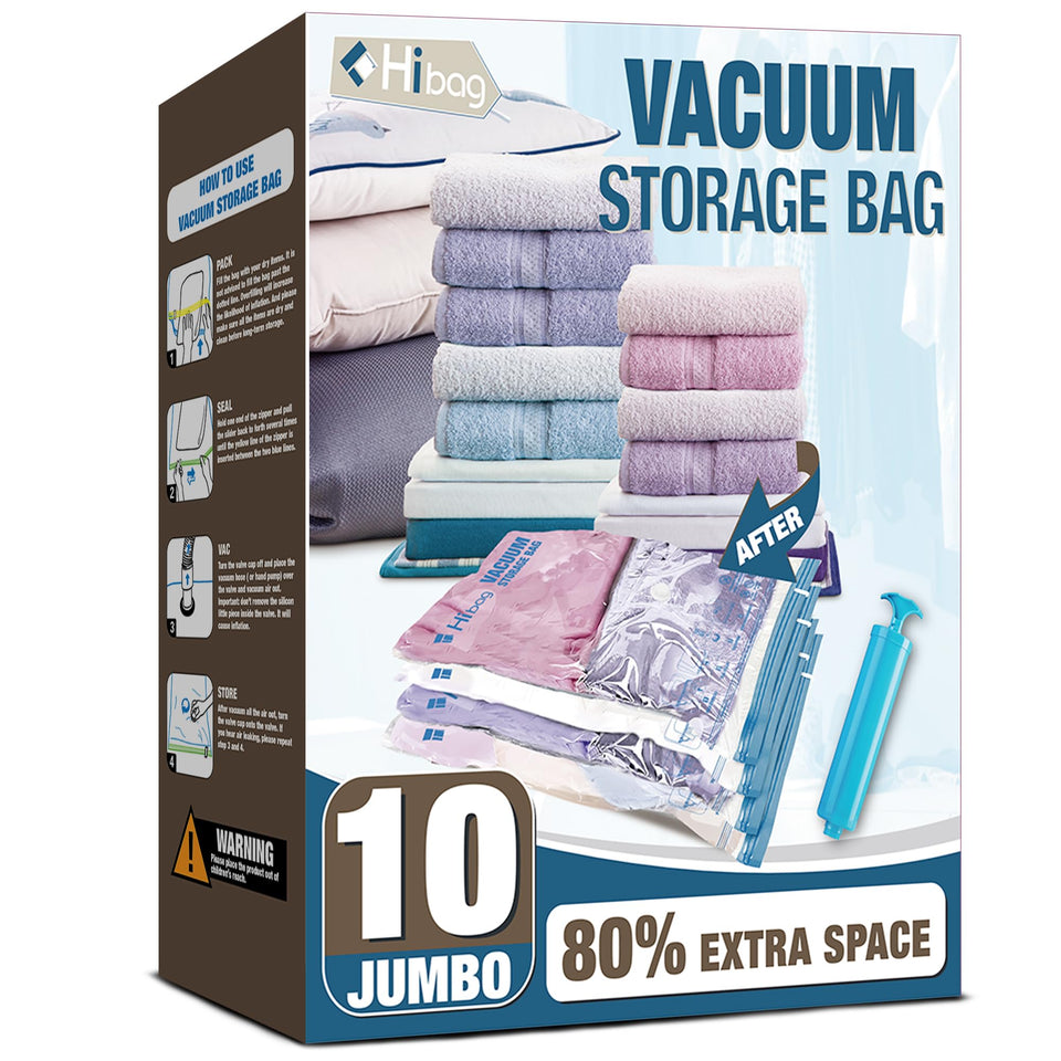 HIBAG vacuum storage bags pack showing jumbo size for clothes