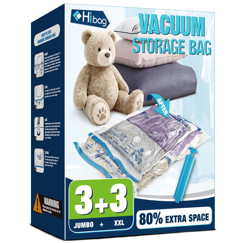 HIBAG vacuum storage bags XXL and Jumbo opened showing generous capacity for bulky items.
