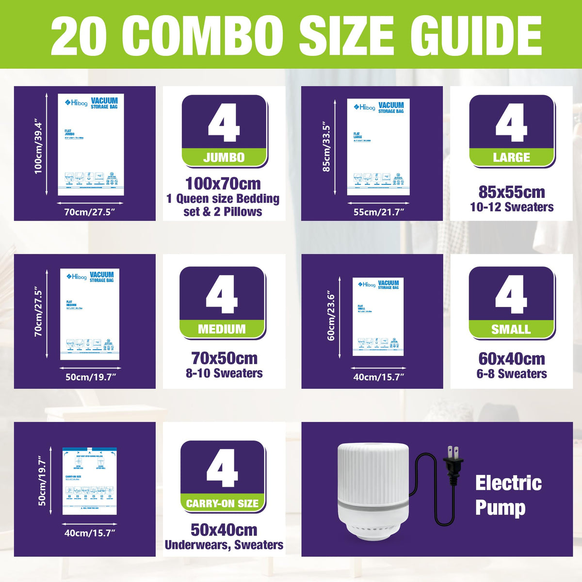 HIBAG wardrobe-compression bags in use for closet organization