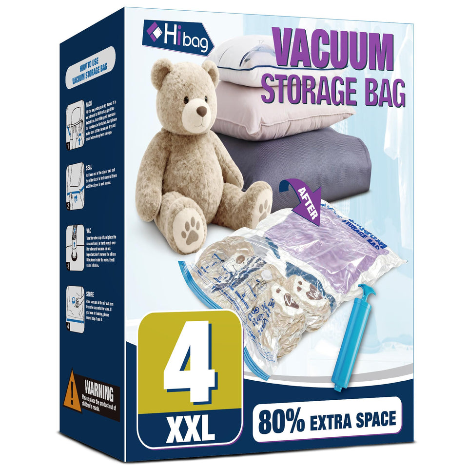 HIBAG XXL vacuum bag for bedding protects and compresses bulky blankets.