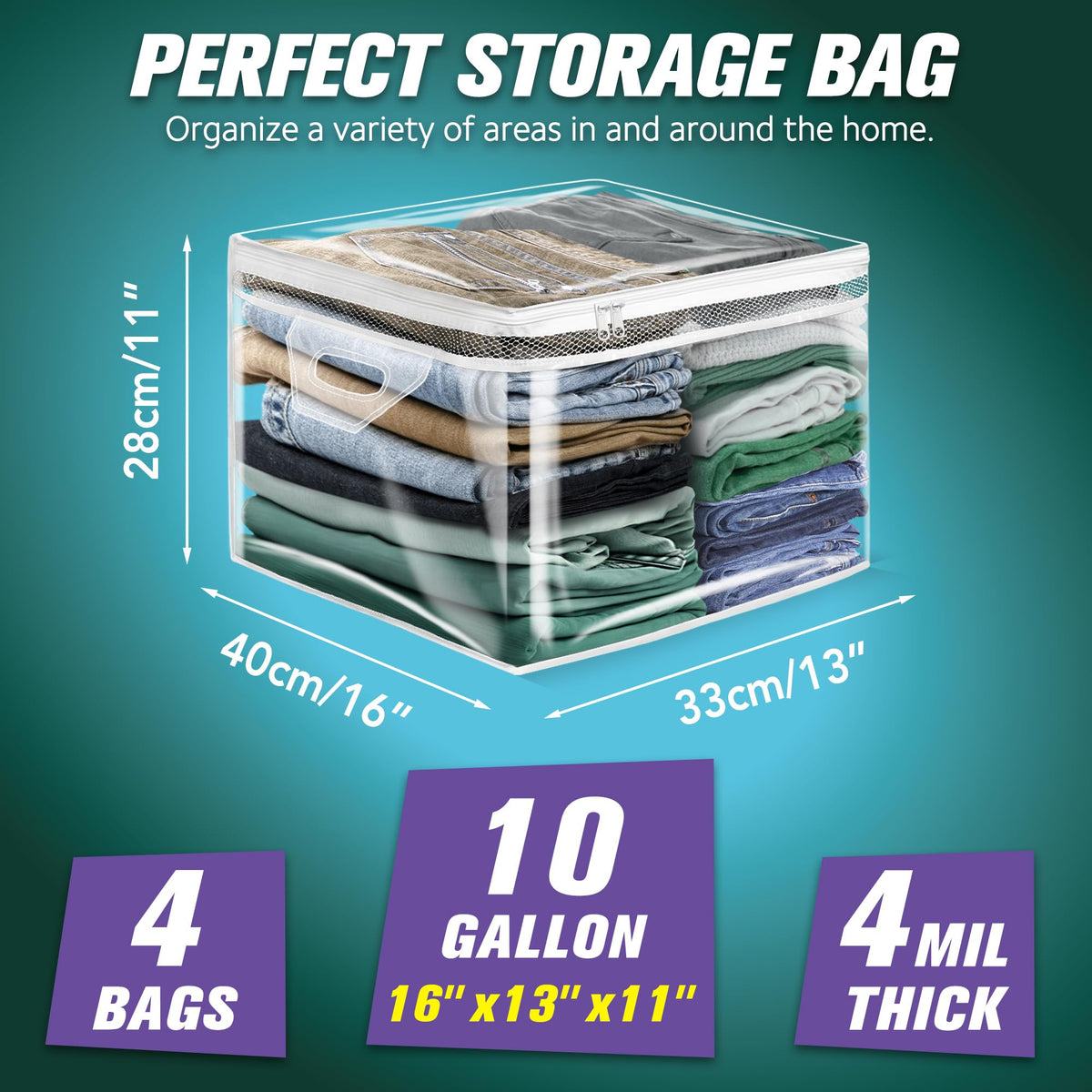 HIBAG zipper clothing storage bag offers secure closure and visible contents for quick retrieval.