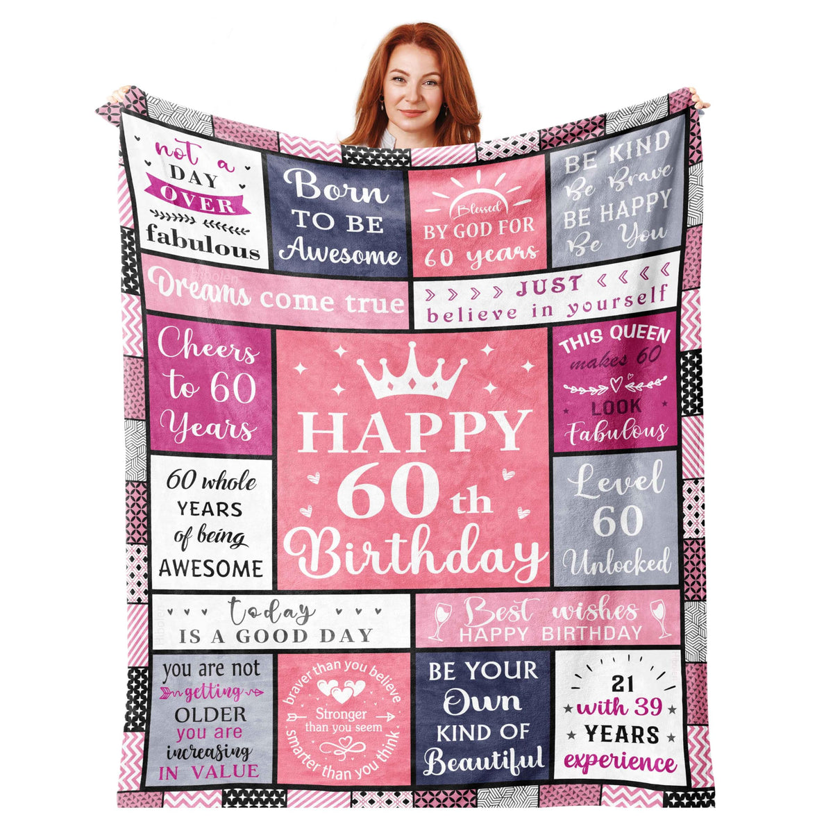 Hibolen 60th birthday blanket with main design, a cozy gift idea for her.