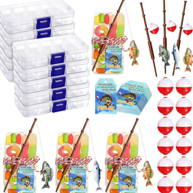 Hiboom Gone Fishing candy tackle boxes in bright colors for party favors.