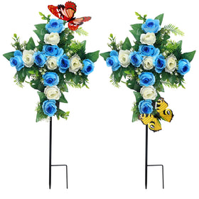 Hibsotco artificial cemetery cross with blue roses for lasting remembrance.