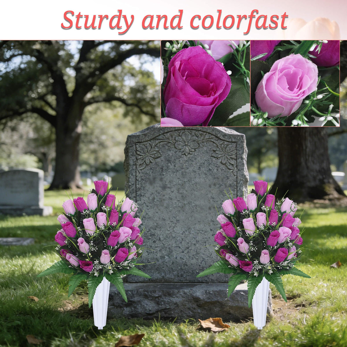 Hibsotco grave vases securely hold artificial flowers for stable cemetery displays.