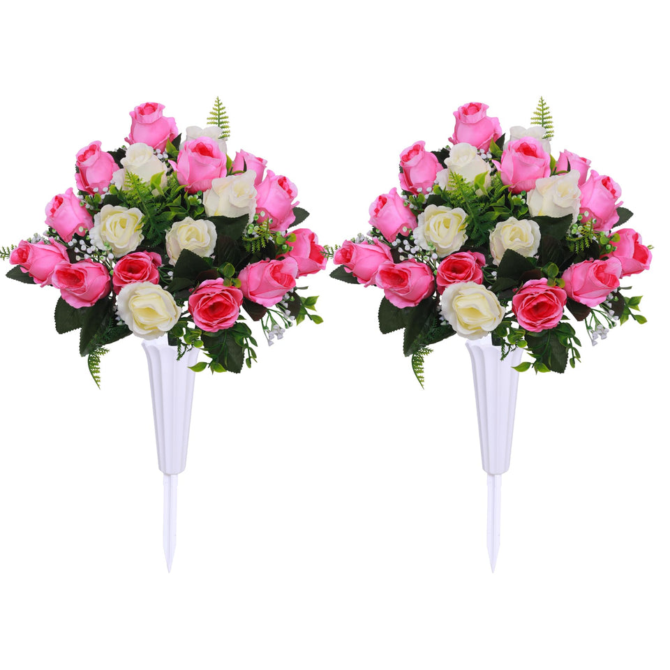 Hibsotco artificial cemetery flowers, two white-pink bouquets ready for gravesites for long-lasting memorial decor